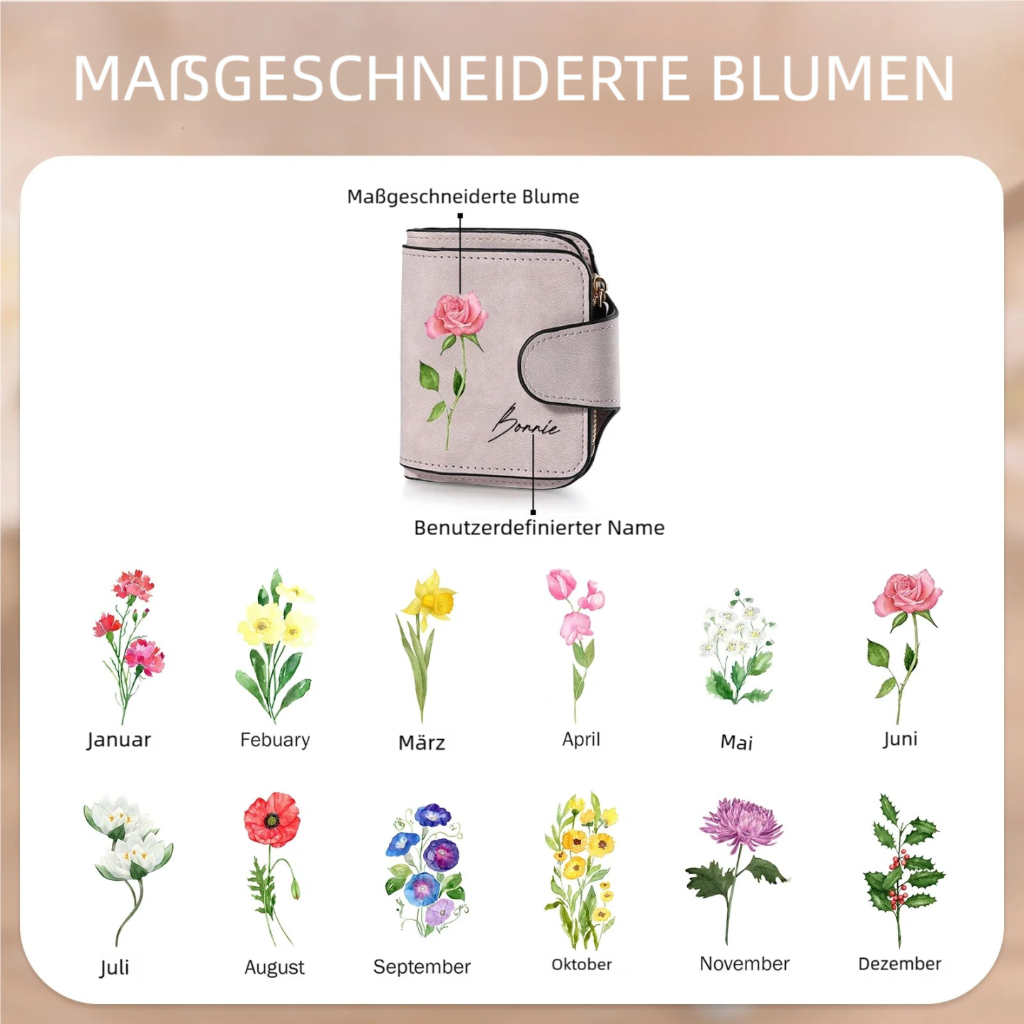Damen Mini-Geldbörse Blume & Name PU-Leder Geschenke für Frauen