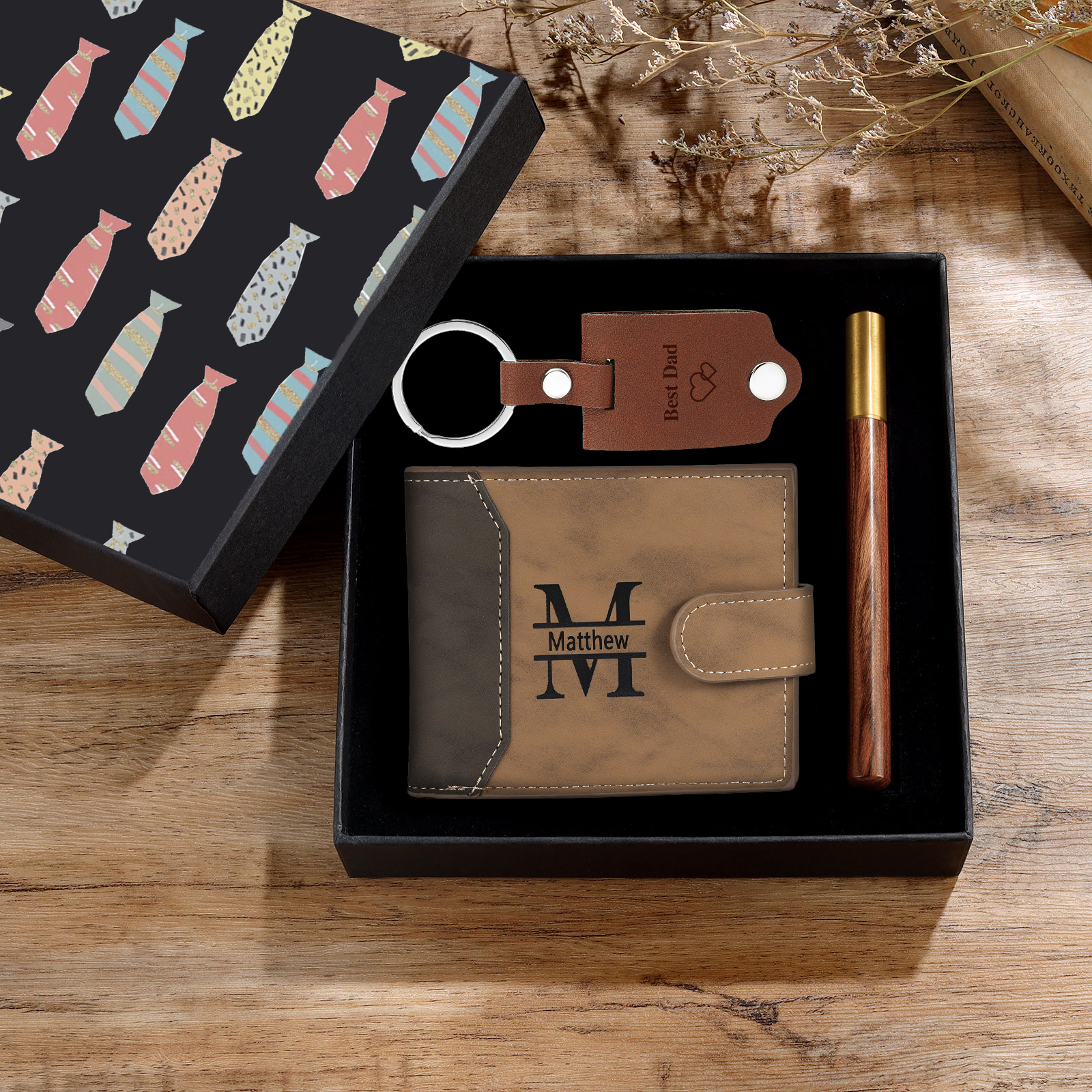 Personalisierte 2 Texte & 2 Fotos & 1 Name & 1 Buchstabe Geldbörse & Schlüsselanhänger & Stift Geschenkpackung Geschenkset