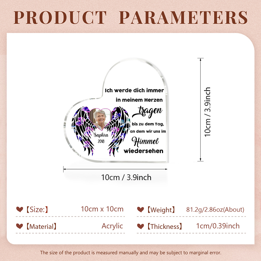 Personalisierter Name & Foto & Jahr Acryl-Deko-Ich werde dich immer in meinem Herzen tragen-Trauer Schreibtischdekoration