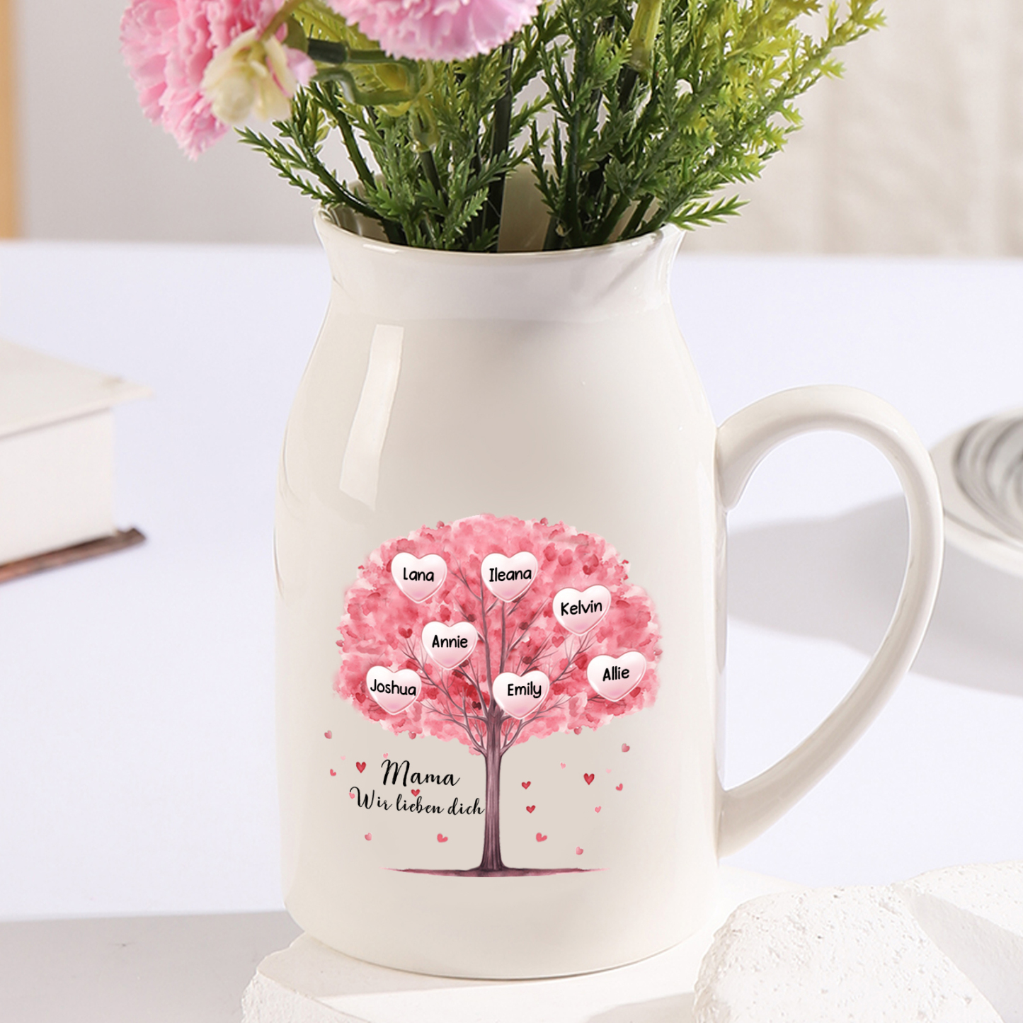 Personalisierte 7 Namen & Text Rosa Familienbaum Familie Vase