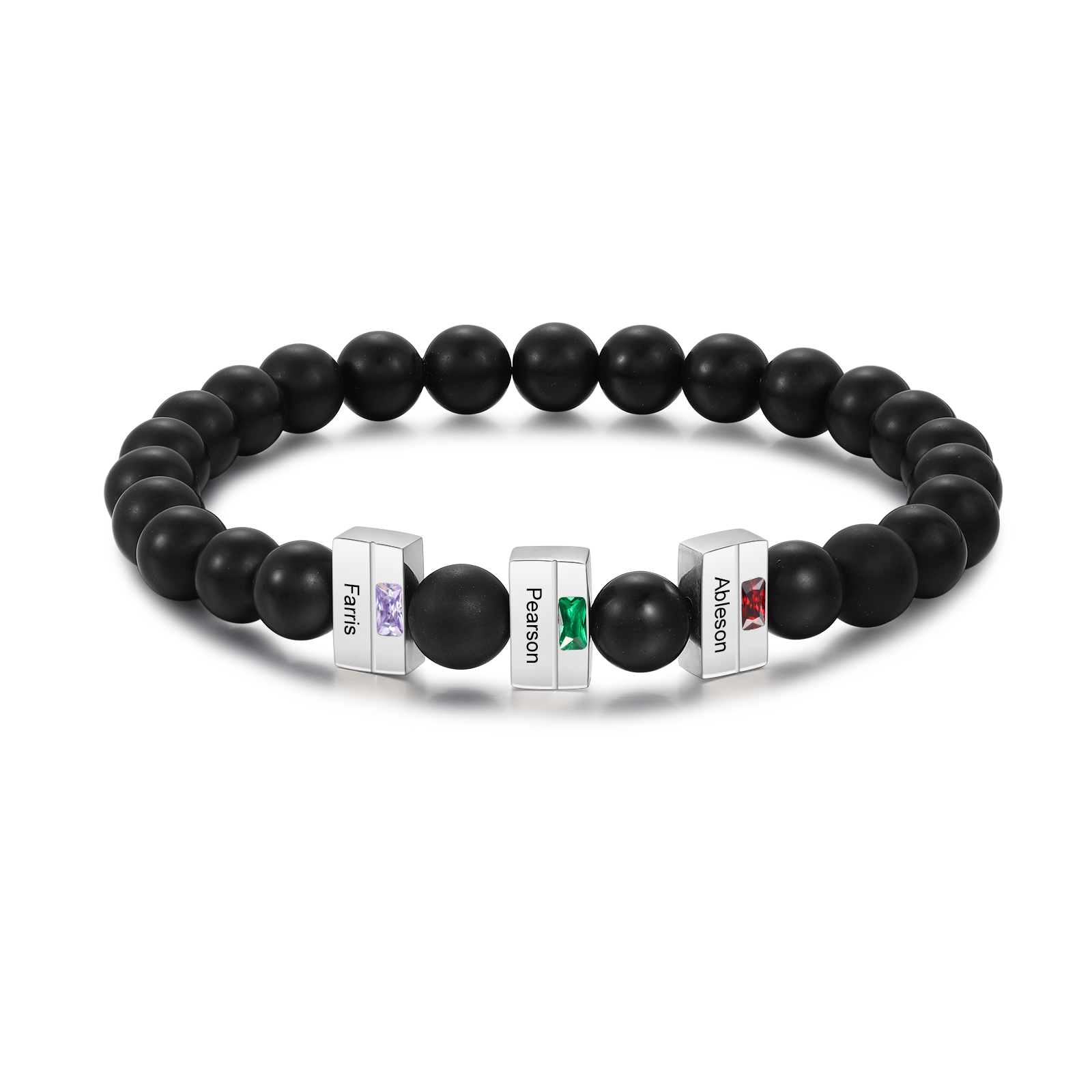 Herren Personalisierte 3 Namen & 3 Geburtssteine Edelstahl Armband mit Schwarz Perle