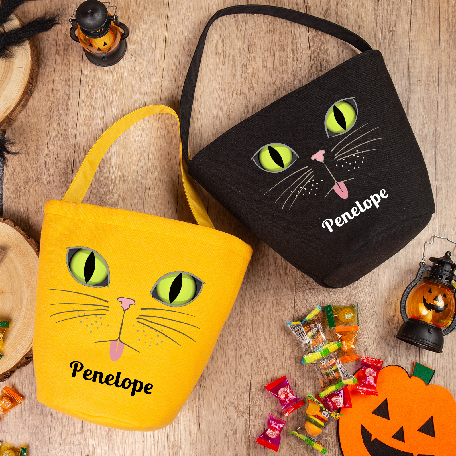 Personalisierter Name Katze Halloween Leinen Tasche Süßes Oder Saures Süßigkeiten Tasche 