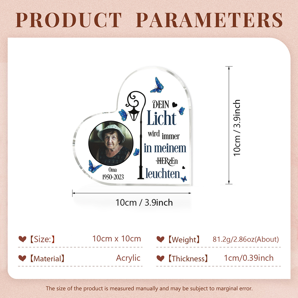 Personalisierter Name & Jahr & Foto Acryl-Deko-Dein Licht wird immer in meinem Herzen leuchten-Trauer Schreibtischdekoration