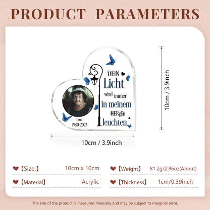 Personalisierter Name & Jahr & Foto Acryl-Deko-Dein Licht wird immer in meinem Herzen leuchten-Trauer Schreibtischdekoration