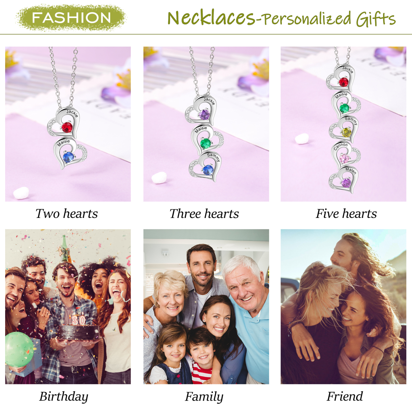 Gravur 3 Namen Liebe Herz Halskette mit 3 Geburtssteinen - Geschenk für Familie