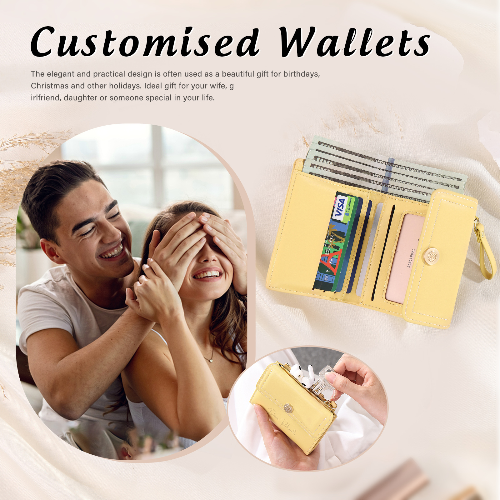 Damen Personalisierter Text & Foto PU Leder Klapp-Portemonnaie Geldbörse mit Reißverschluss