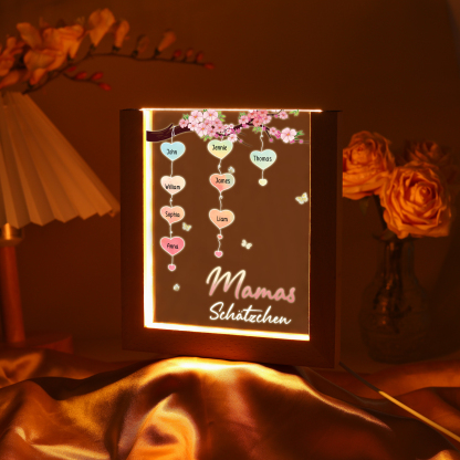 Personalisierte 8 Namen & Text Pfirsichblüte Familienbaum Acryl Rahmen Nachtlicht Geschenk für Großmutter/Mutter zum Muttertag
