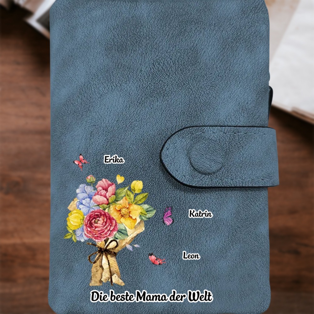 Damen Personalisierte 1-6 Namen & Text Blumen & Schmetterling PU Leder Geldbörse für Mama