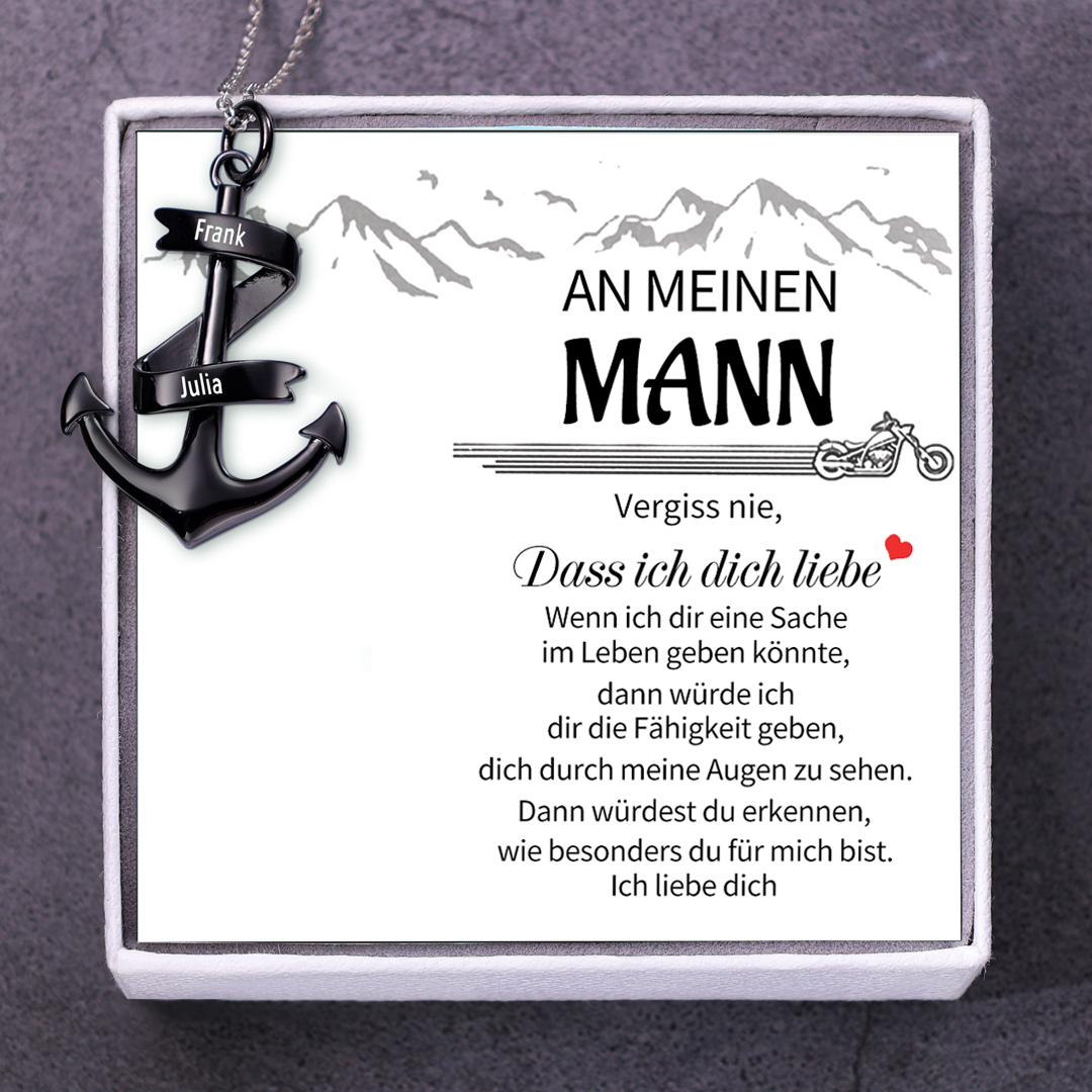 925 Sterling Silber Personalisierte 2 Namen Schwarz Anker Halskette-Geschenk mit Weiß Nachrichtenkarte