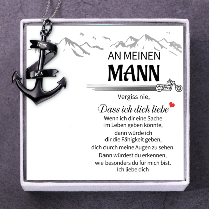 925 Sterling Silber Personalisierte 2 Namen Schwarz Anker Halskette-Geschenk mit Weiß Nachrichtenkarte