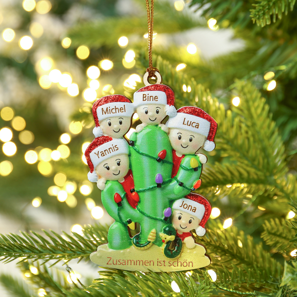 Holz Personalisierte 5 Namen & Text Kaktus Weihnachtsornament Weihnachtsbaum Anhänger mit 5 Familienmitgliedern