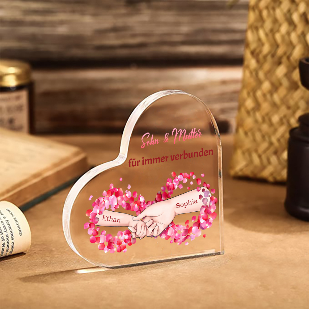 Personalisierte 2 Namen Acryl-Deko - Sohn und Mutter für immer verbunden - Schreibtischdekoration für Mutter