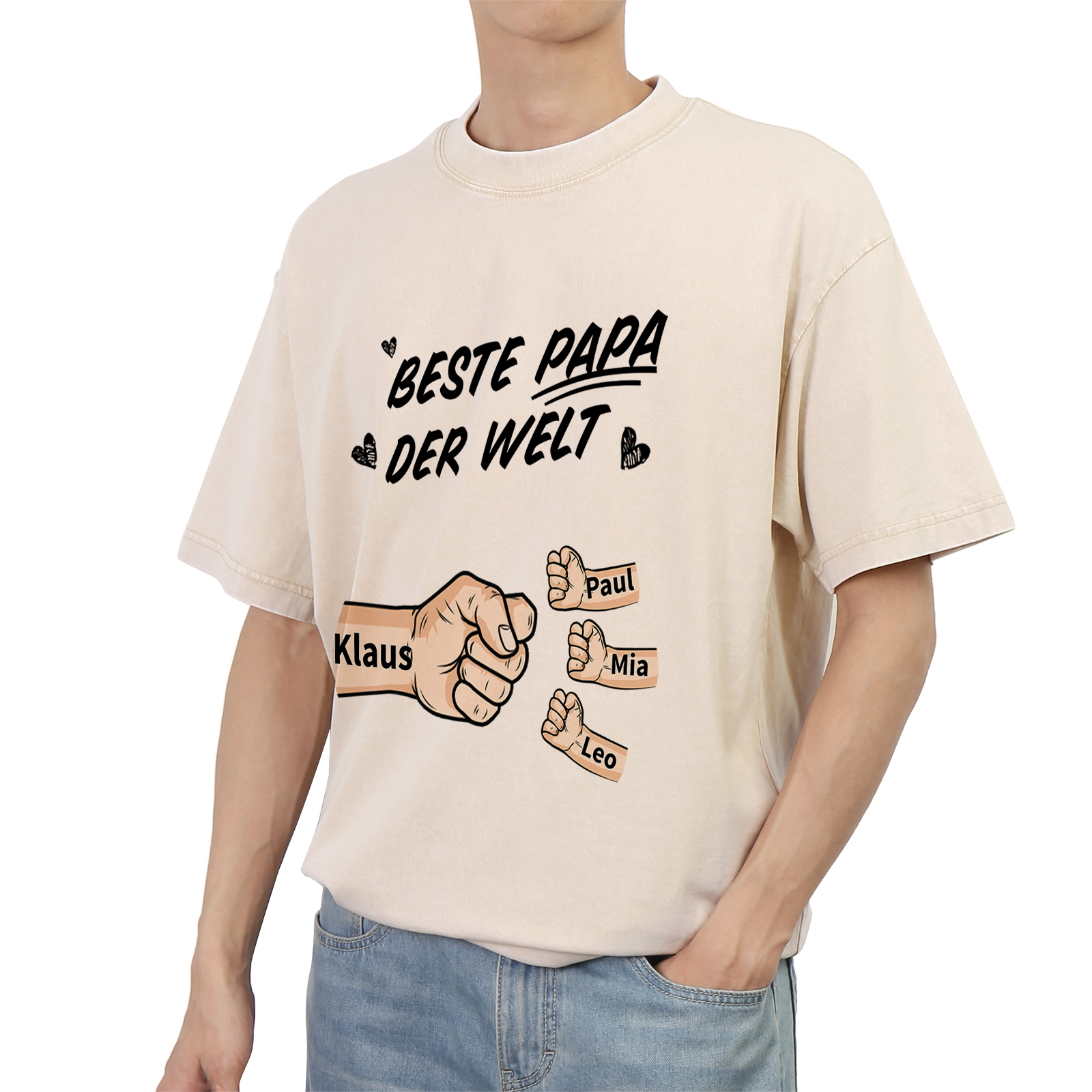 Personalisierte 1-6 Namen Fauststoß Bester Papa der Welt Herren Familie T-Shirt 