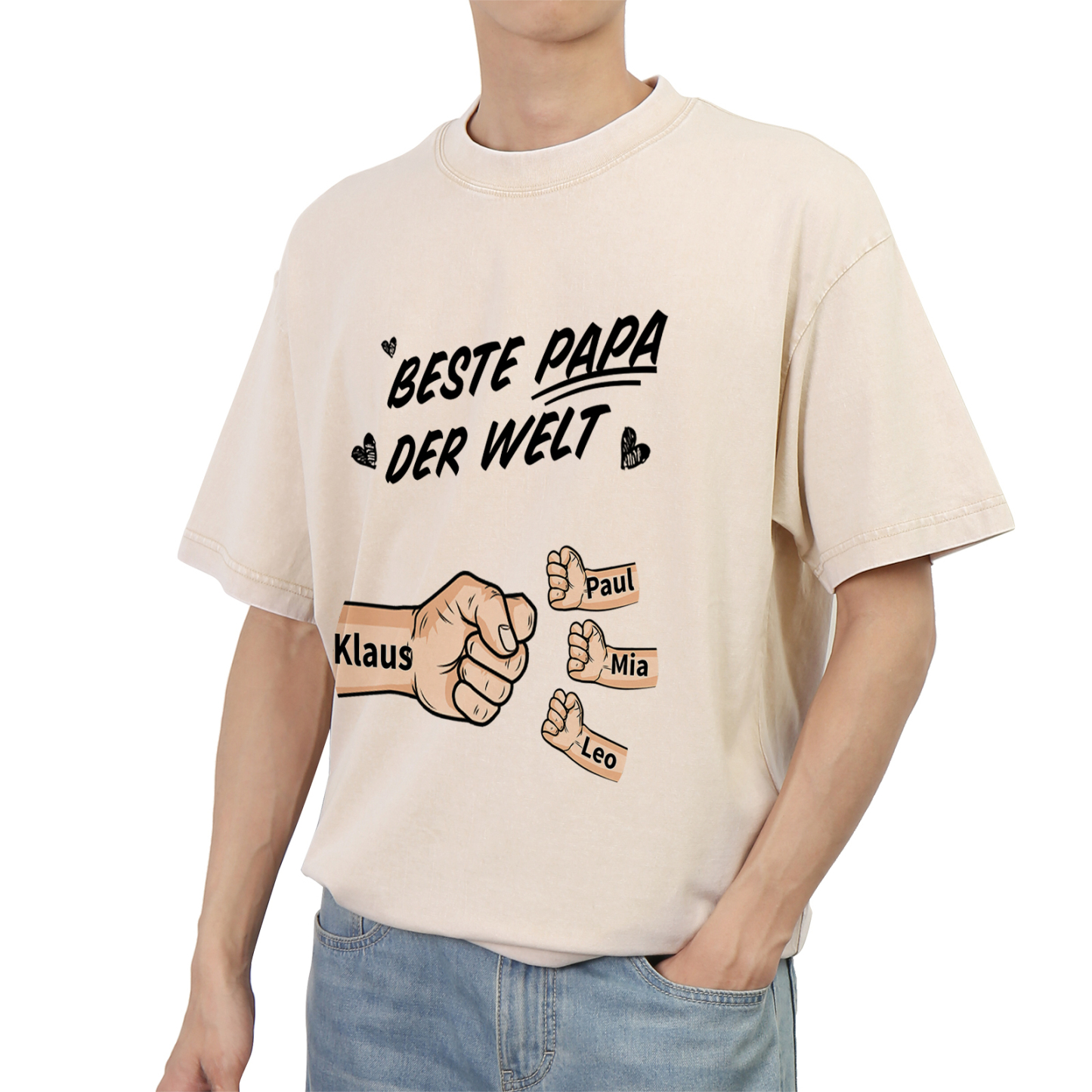 Personalisierte 1-6 Namen Fauststoß Bester Papa der Welt Herren Familie T-Shirt 