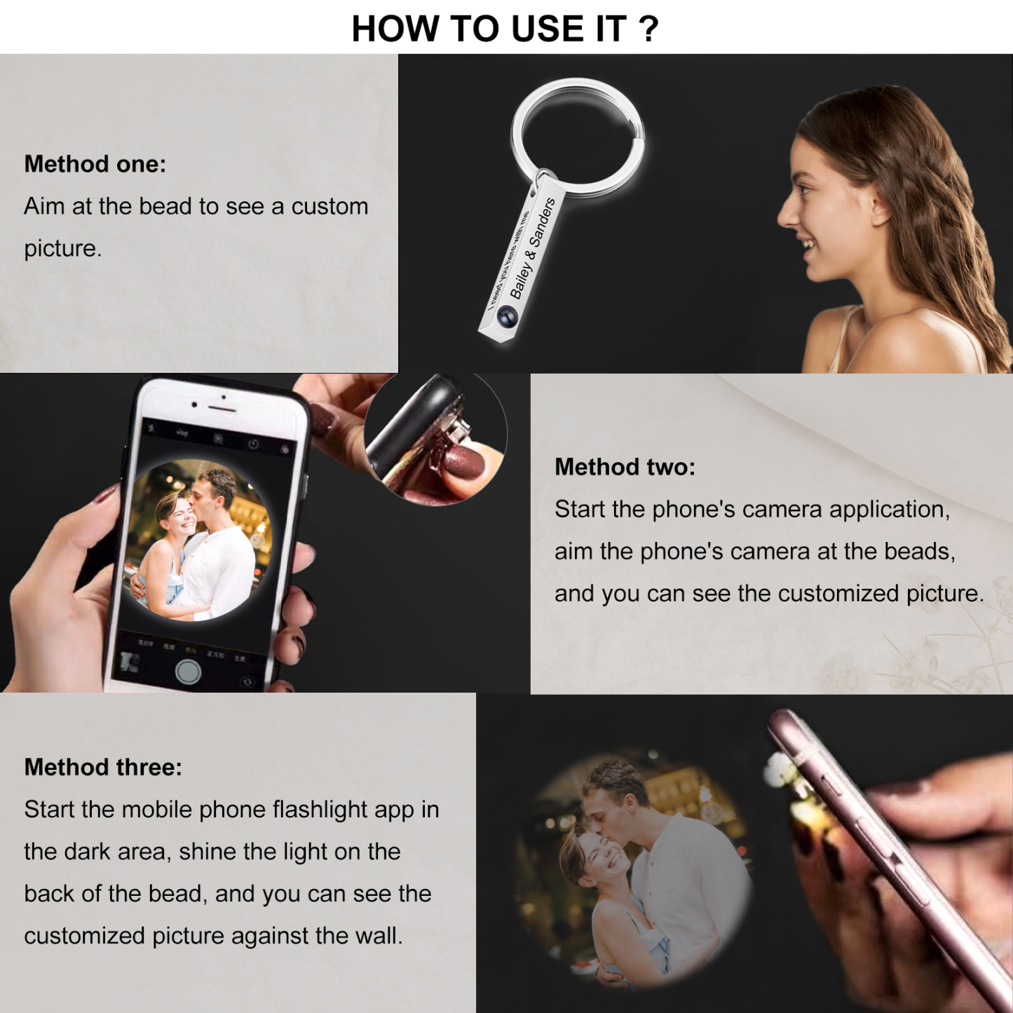 Personalisiertes Foto 4 Texte Projektion Vertikale Bar Schlüsselanhänger