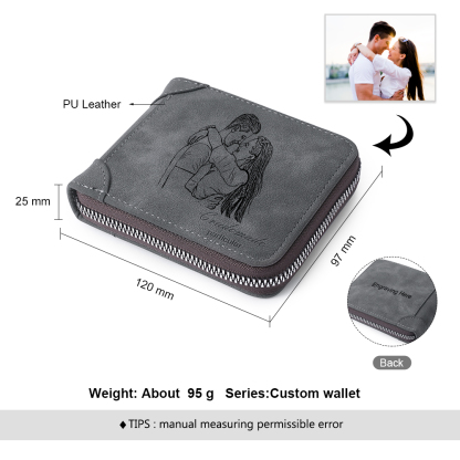 Benutzerdefinierte Foto gravierte Brieftasche mit Reißverschluss, Short Style - Graues Leder