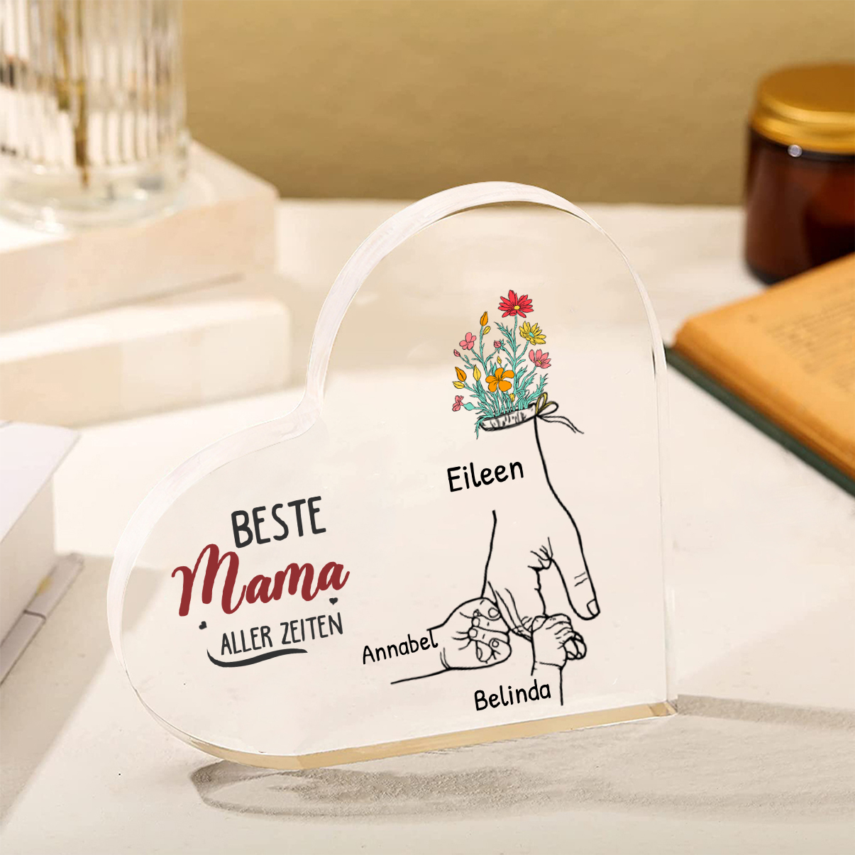 Personalisierte 2-7 Namen Blume Hand Acryl-Deko -Beste Mama aller Zeiten- Schreibtischdekoration für Mutter
