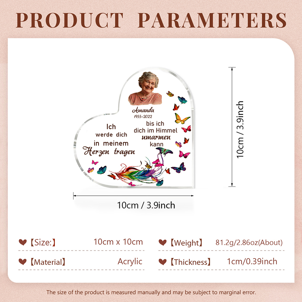 Personalisierter Name & Jahr & Foto Acryl-Deko-Ich werde dich in meinem Herzen tragen-Trauer Schreibtischdekoration