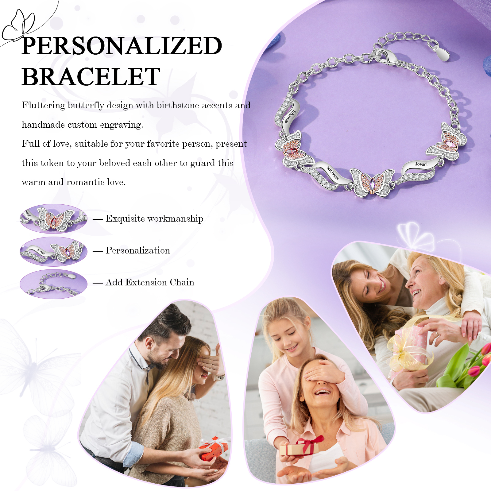 Personalisierte 3 Namen & 3 Geburtssteine Schmetterling Armband mit Zirkonia