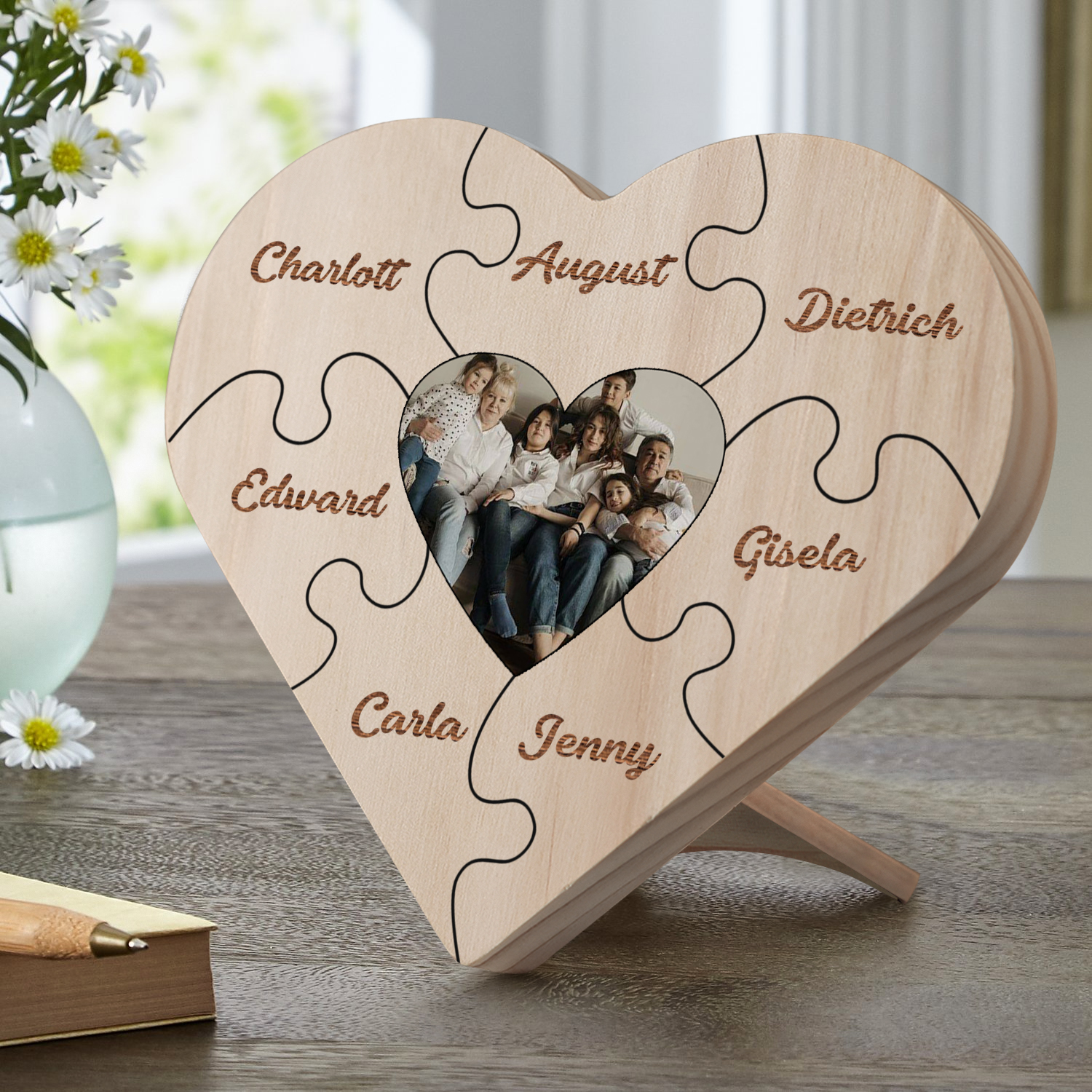 Familie Herzholz-Deko-Personalisiertes Foto & 7 Namen Puzzle Schreibtischdekoration Holz Ornament