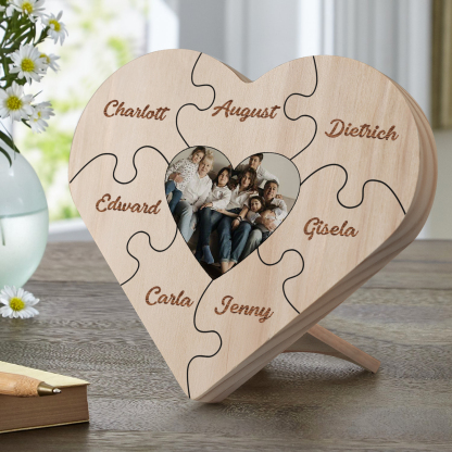Familie Herzholz-Deko-Personalisiertes Foto & 7 Namen Puzzle Schreibtischdekoration Holz Ornament