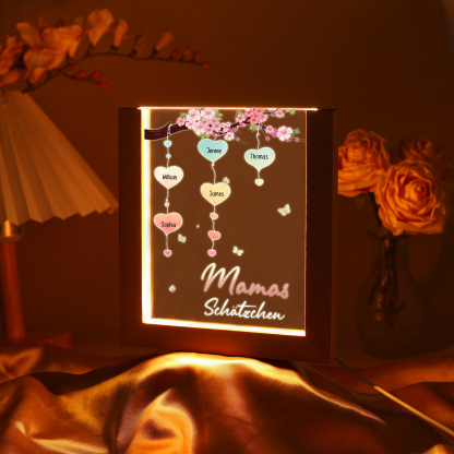 Personalisierte 5 Namen & Text Pfirsichblüte Familienbaum Acryl Rahmen Nachtlicht Geschenk für Großmutter/Mutter zum Muttertag
