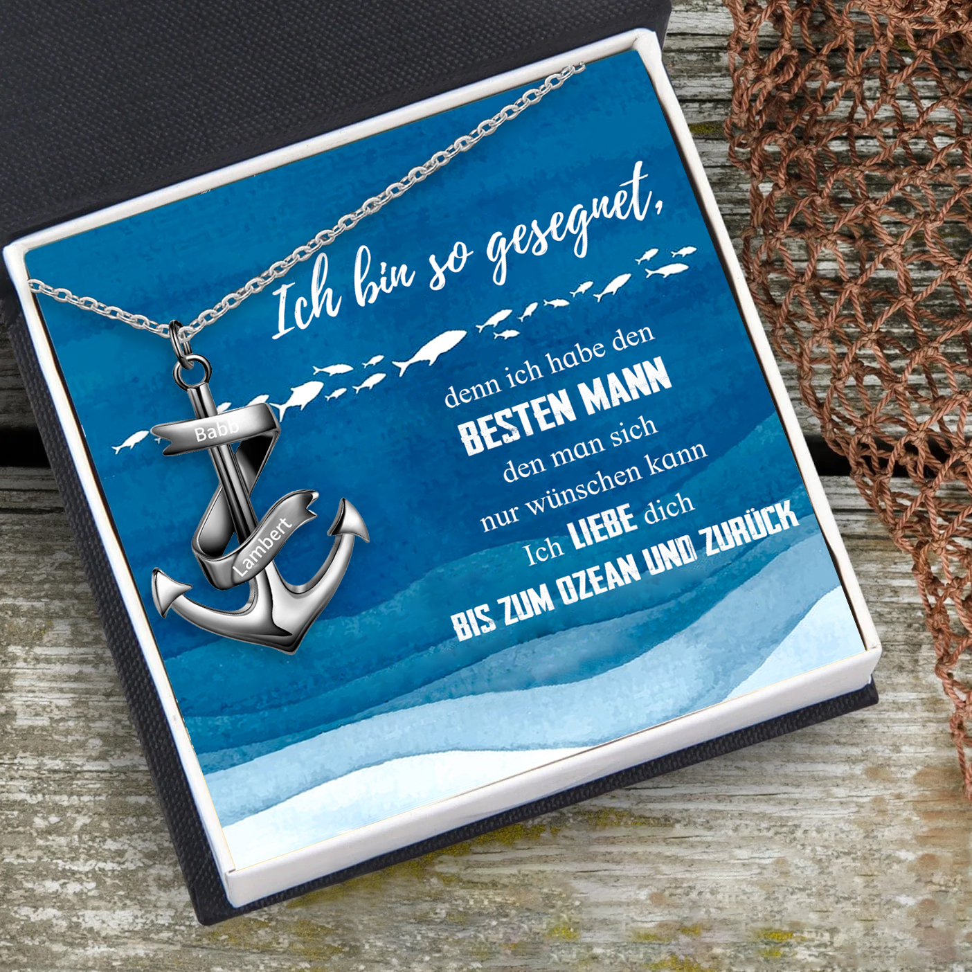 925 Sterling Silber Personalisierte 2 Namen Anker Halskette-Geschenk mit Meer Nachrichtenkarte