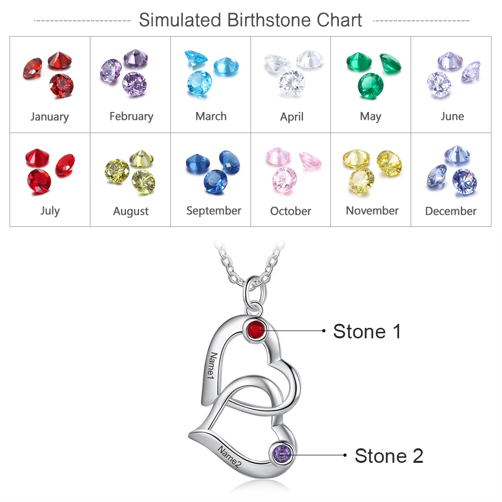 Personalisierte herzförmige Halskette, geschnitzt mit 2 Namen und 2 Geburtstagssteinen