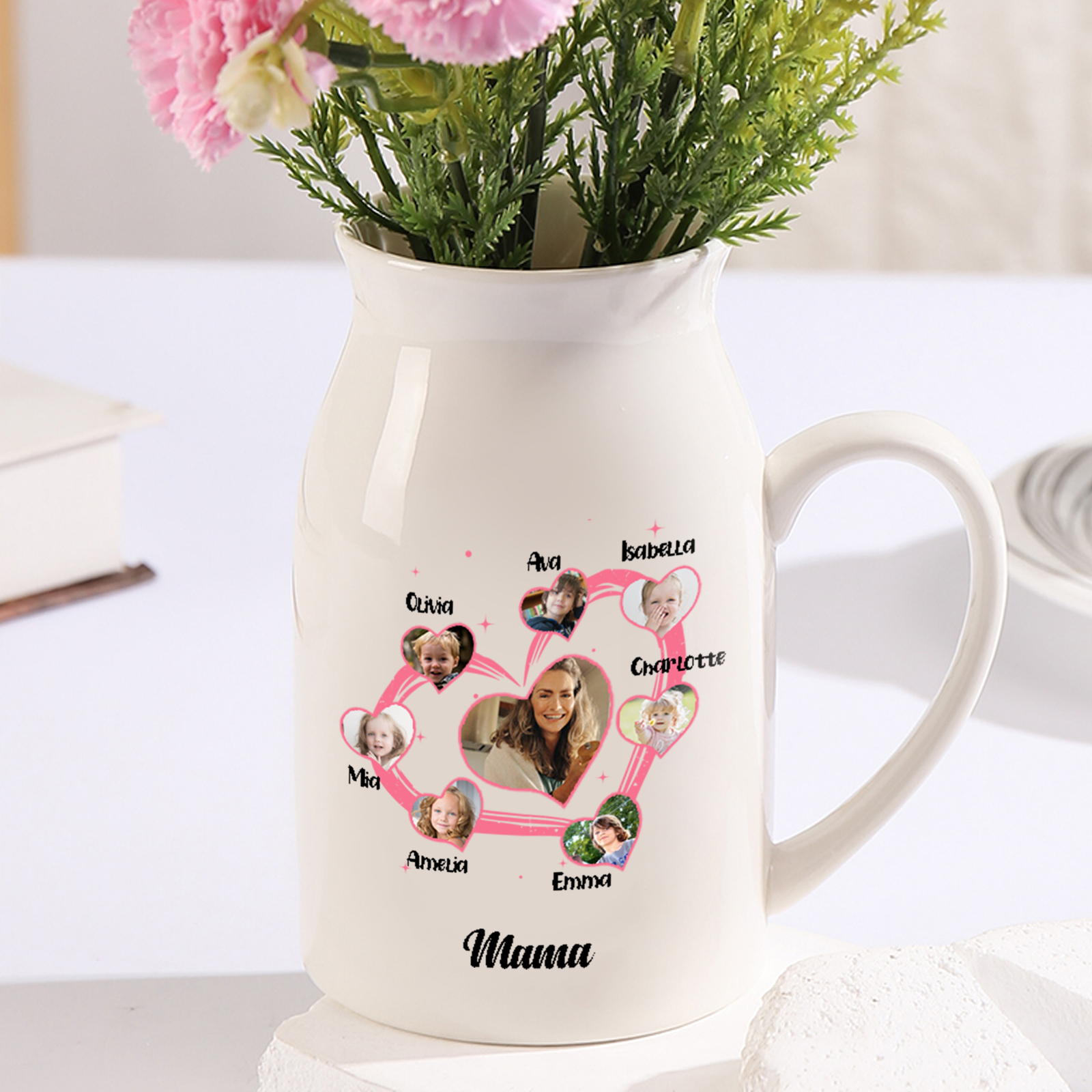 Personalisierte 7 Namen & 8 Foto & Text Herz Familie Vase