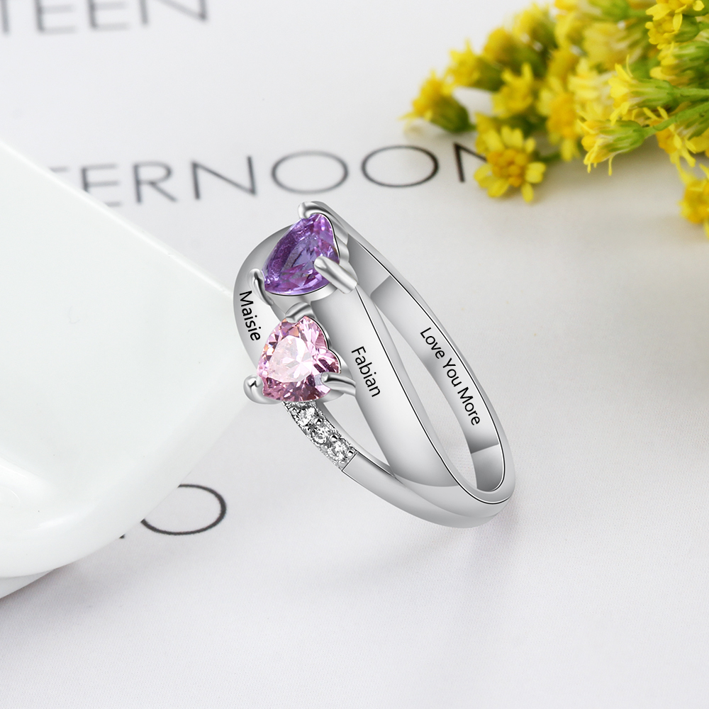 925 Sterling Silber Ring mit 2 Namen und 2 Geburtssteinen mit Gravuren