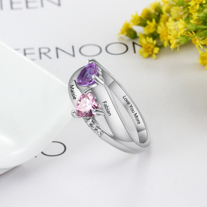 925 Sterling Silber Ring mit 2 Namen und 2 Geburtssteinen mit Gravuren