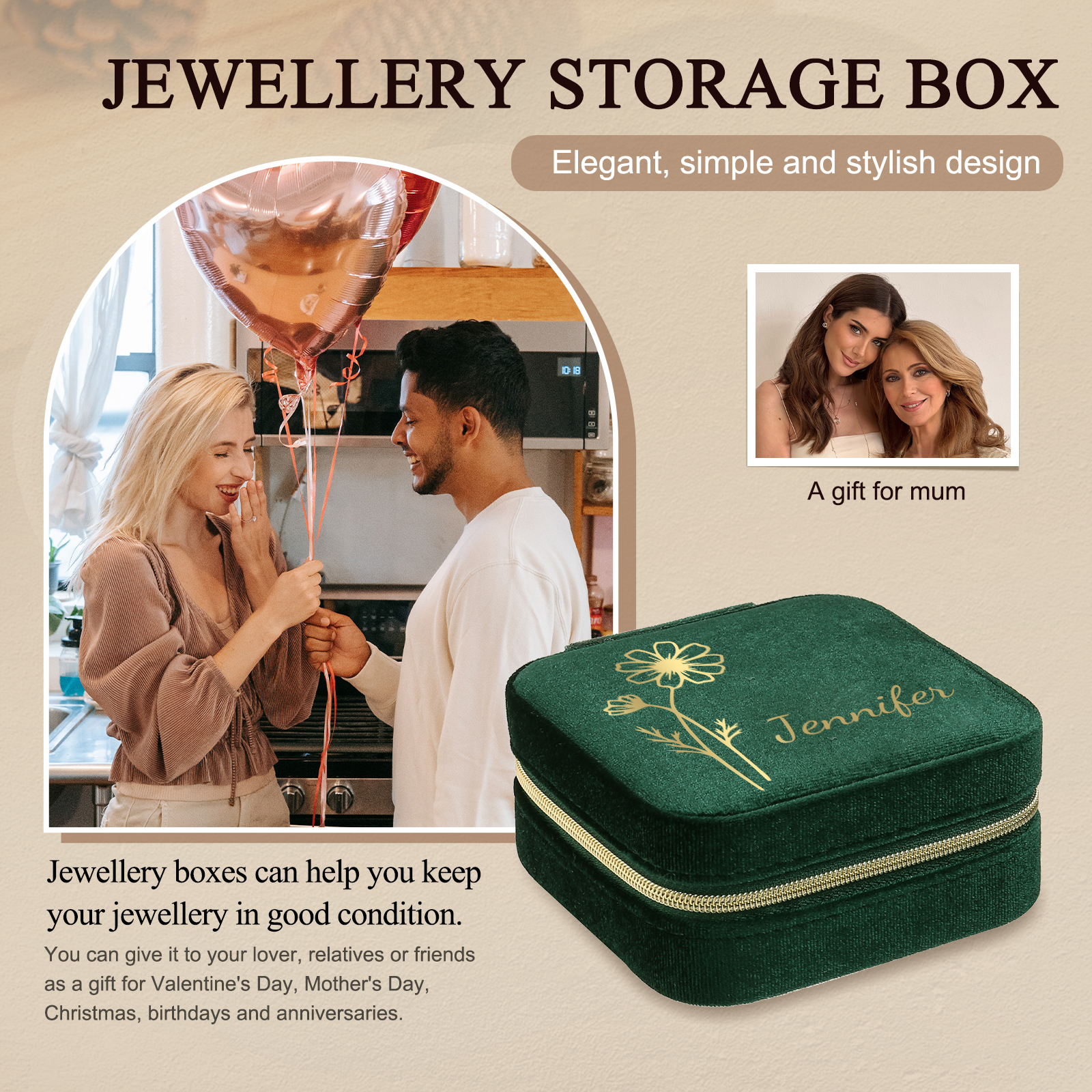 Personalisierbarer Name & Geburtsblume klein Velvet Schmuckaufbewahrung Schmuckzubehör Aufbewahrungsbox für Schmuck