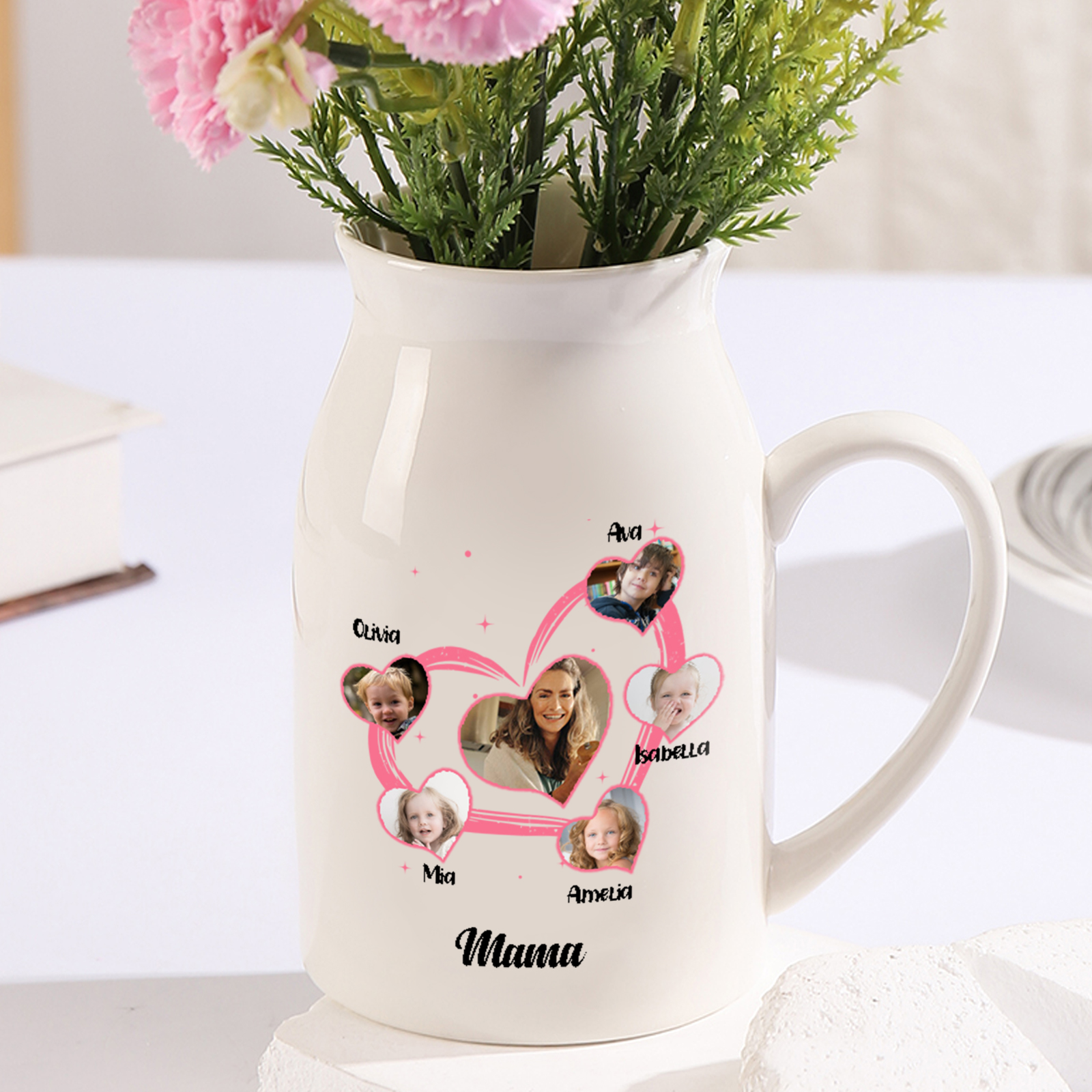Personalisierte 5 Namen & 6 Foto & Text Herz Familie Vase