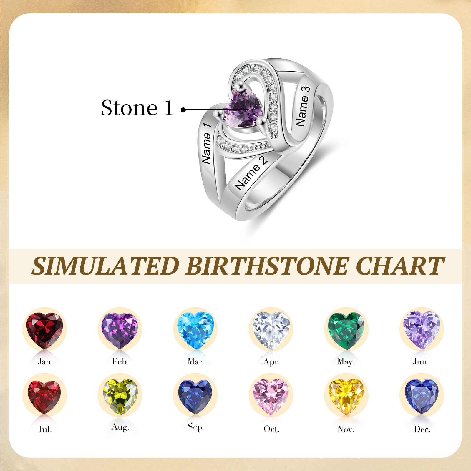 “Personalisierter Herzring für Damen mit 2–6 Namen & 1 Geburtsstein