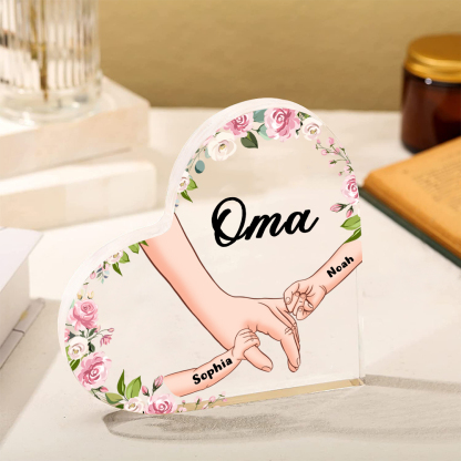 Personalisierte 2 Namen & Text Hand in Hand Acryl-Deko-Schreibtischdekoration für Großmutter