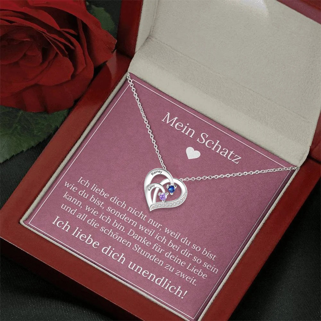 925 Sterling Silber Personalisierte 2 Namen Herz Halskette  mit 2 Geburtssteinen- An Meinen Schatz-Geschenk mit Rosa Nachrichtenkarte 