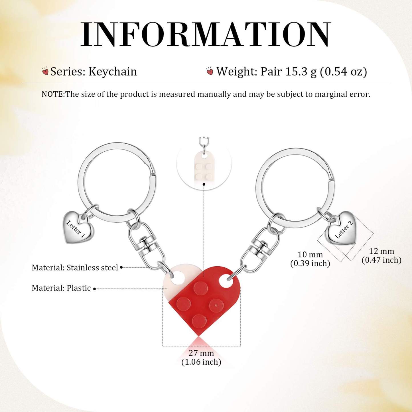 Personalisierbare 2 Buchstaben Herz Bausteine Paar Metall-Schlüsselanhänger