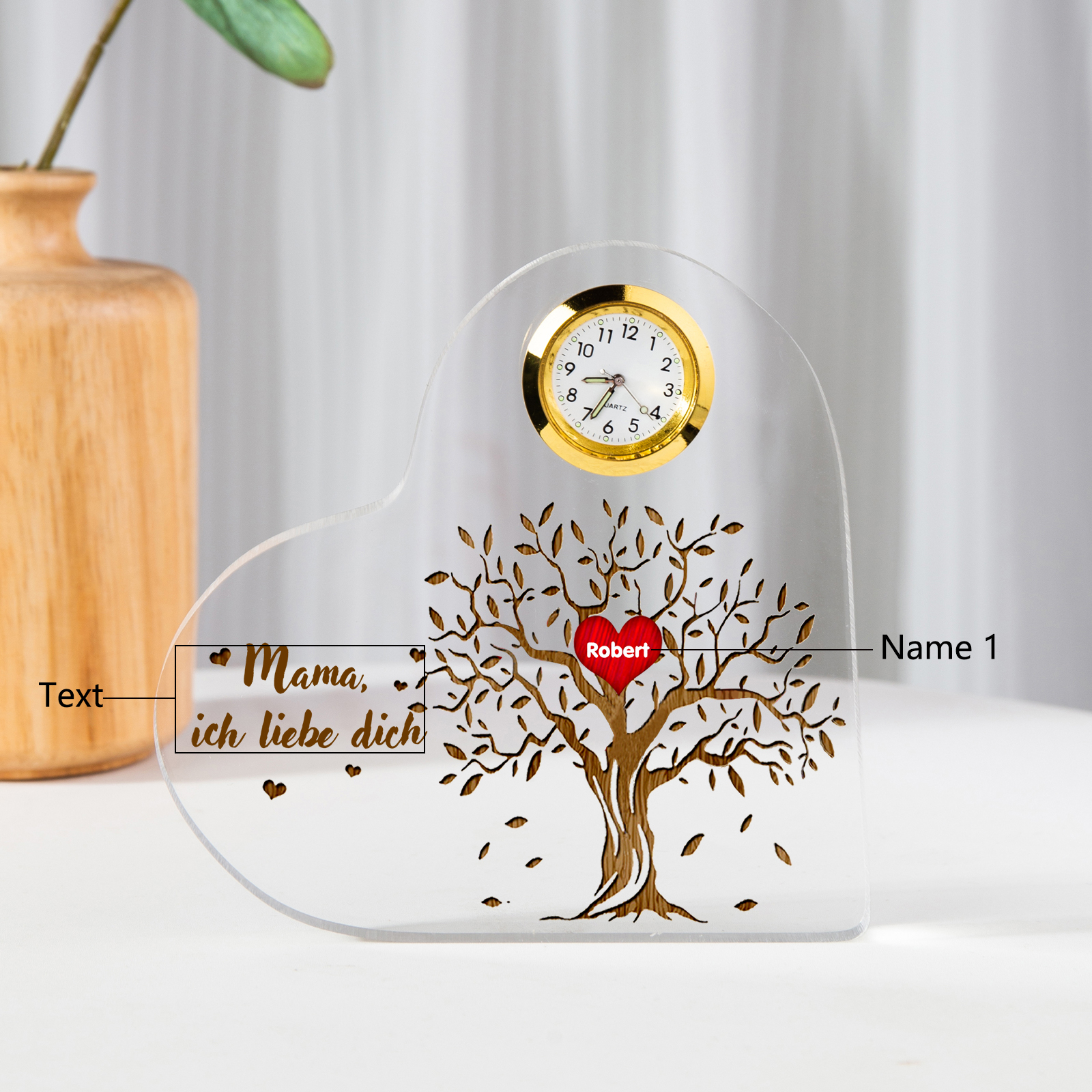 Acryl-Deko mit Uhr-Personalisierter 1 Name & Text Familienbaum Schreibtischdekoration für Familie