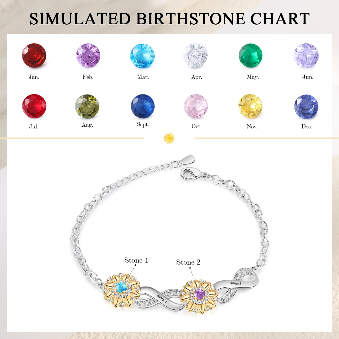 Personalisierte 2 Namen & 2 Geburtssteine Sonnenblume Infinity Armband mit Zirkonia