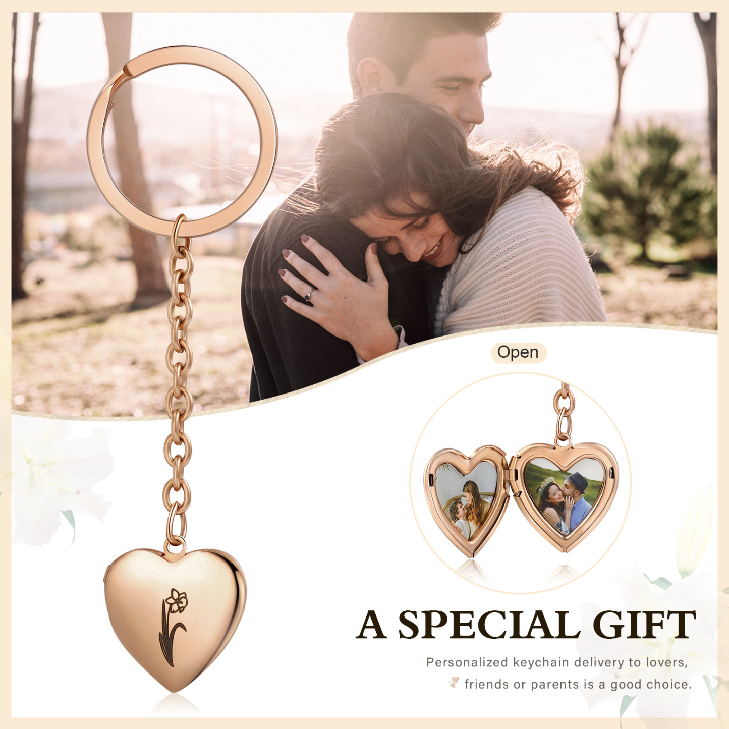 Personalisierte 2 Fotos & Geburtsblume Herz Schlüsselanhänger-Geburtsblume Serie 