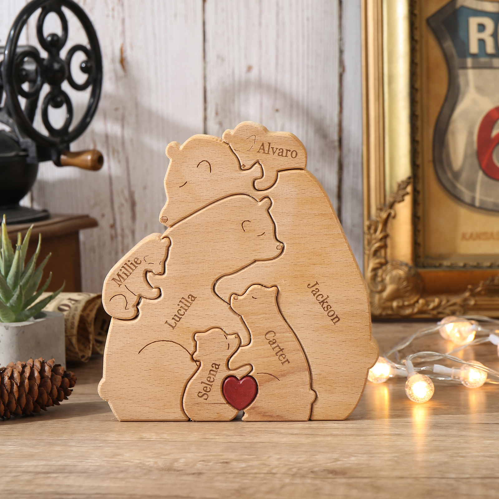 Holzskulptur-Personalisierte 6 Namen Bär Umarmung Familie Holz Deko