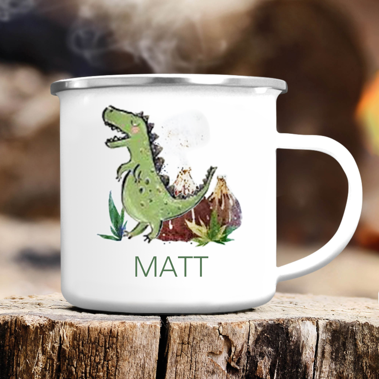 Personalisierter Name Grün Tyrannosaurus Rex Kinder Emaille Tasse