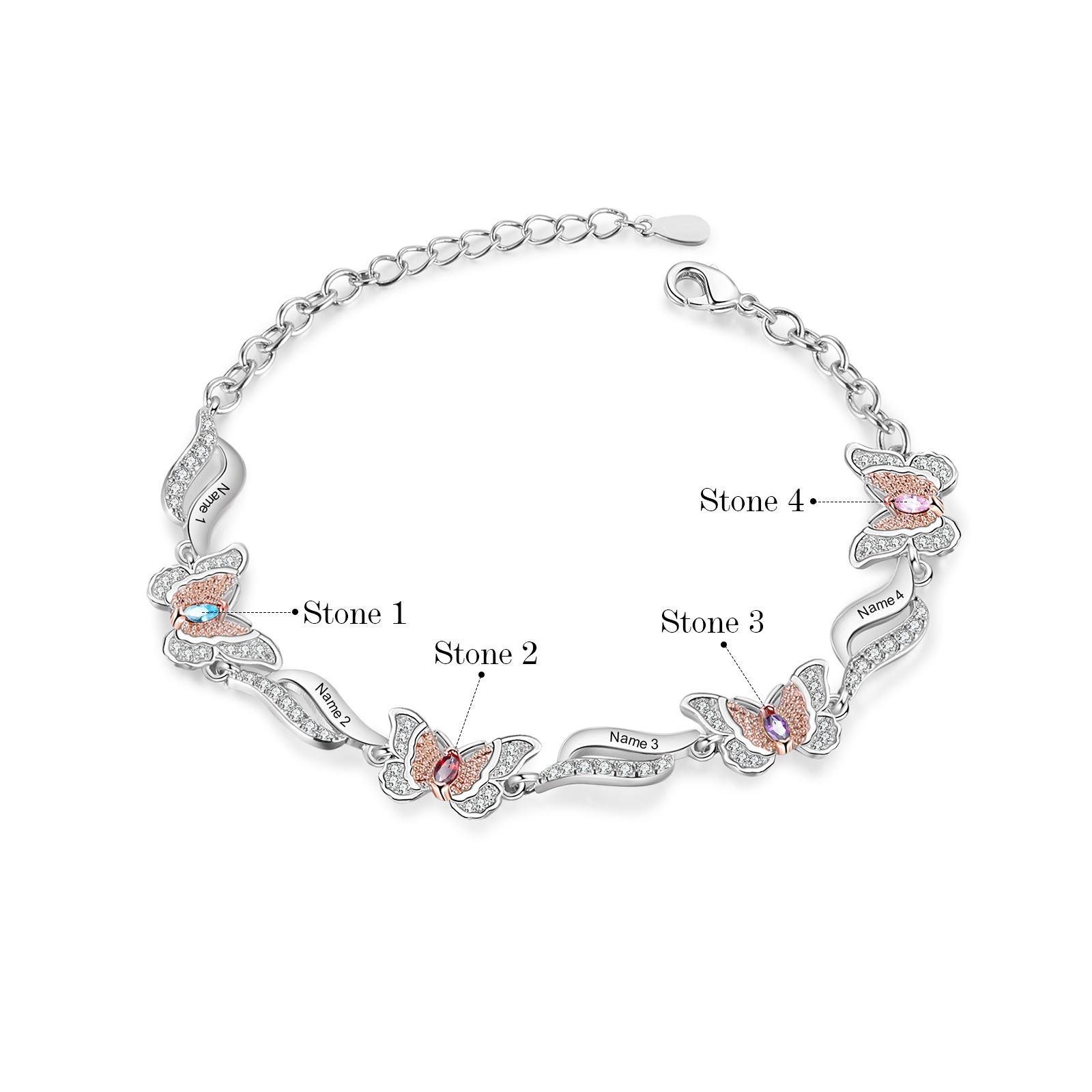 Personalisierte 4 Namen & 4 Geburtssteine Schmetterling Armband mit Zirkonia