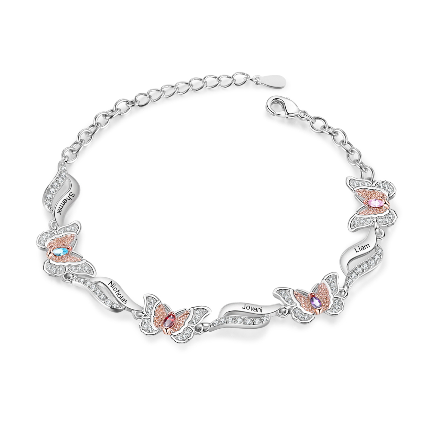 Personalisierte 4 Namen & 4 Geburtssteine Schmetterling Armband mit Zirkonia