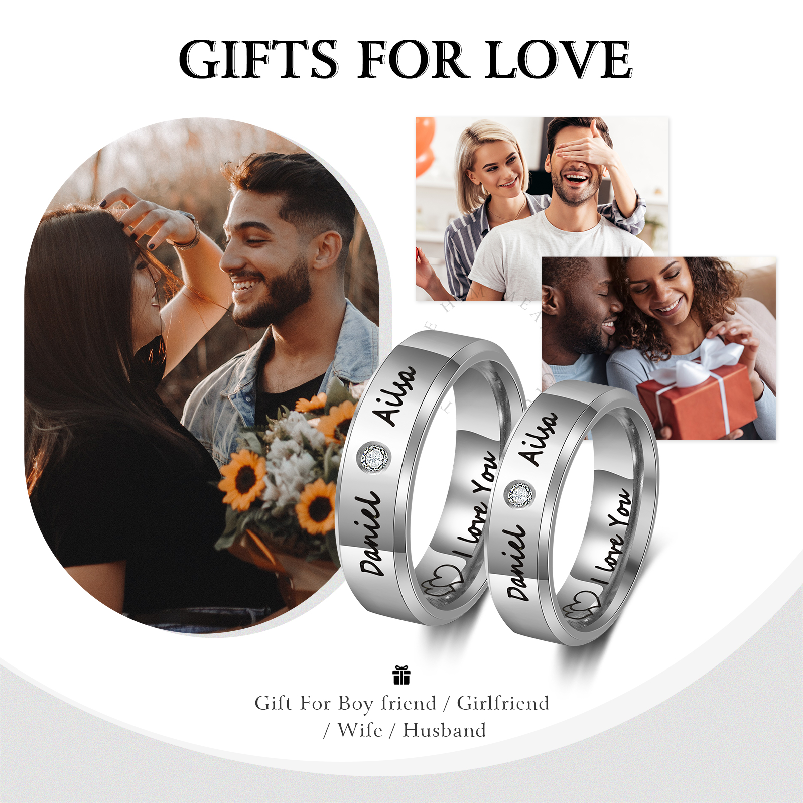 Personalisierter 2 Namen & Text Partnerring Ring mit Zirkonia für Paare