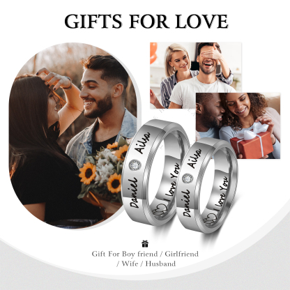 Personalisierter 2 Namen & Text Partnerring Ring mit Zirkonia für Paare