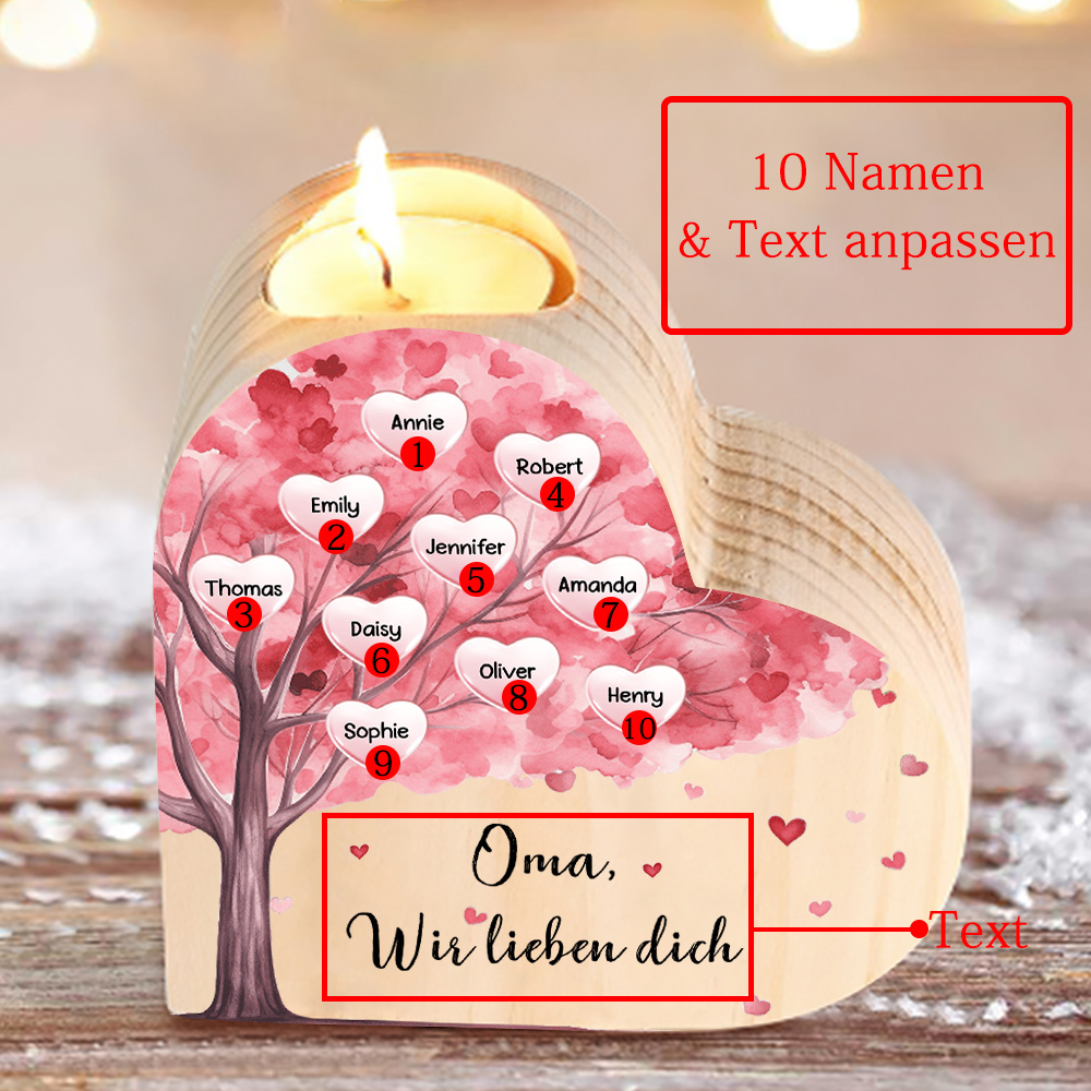 Personalisierte 10 Namen & Text Rosa Baum Herzform Kerzenhalter-Geschenk für Familie