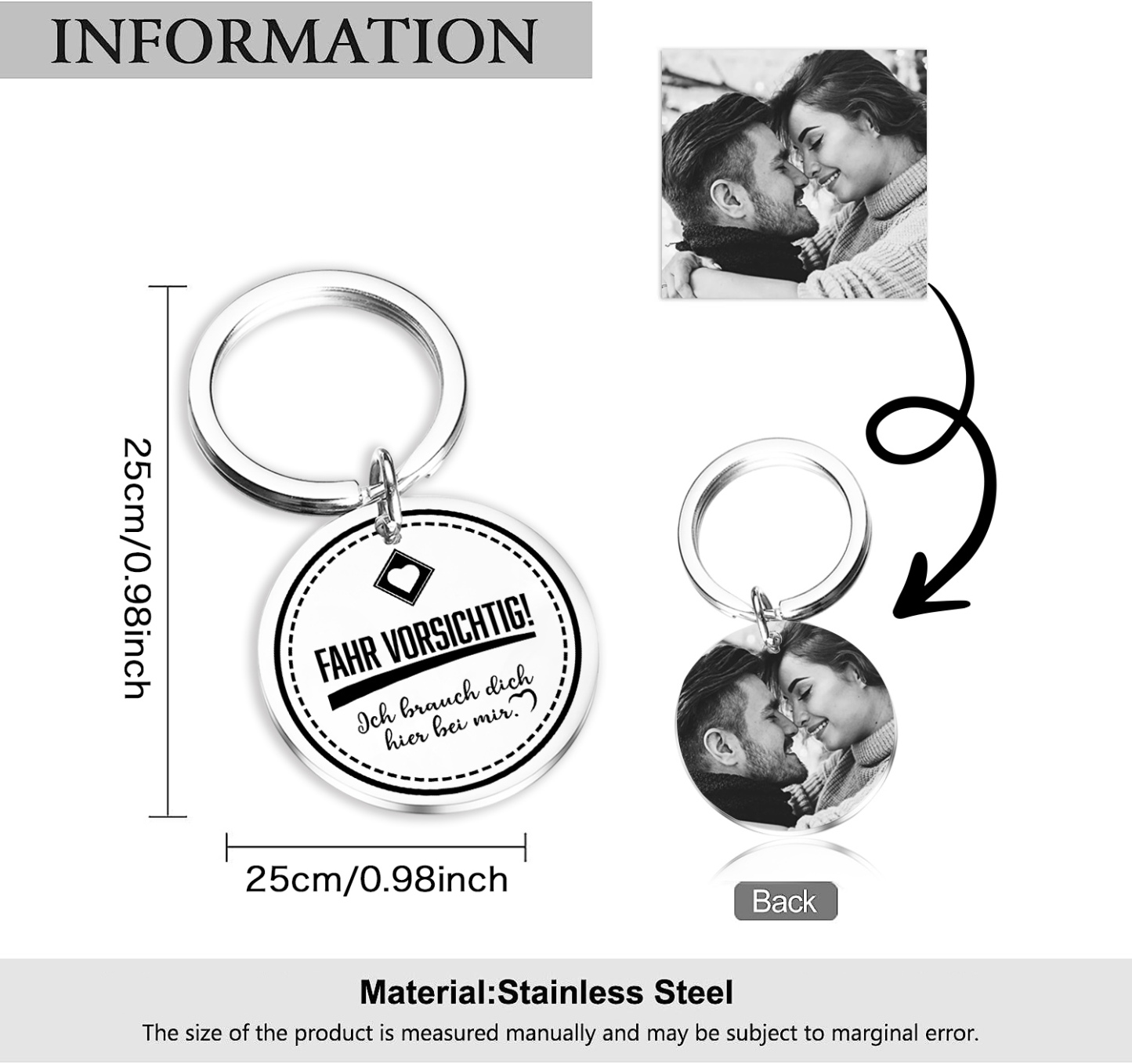 Personalisierbares Foto Rund Metall-Fahr vorsichtig. Ich brauche dich hier bei mir-Schlüsselanhänger für Paare