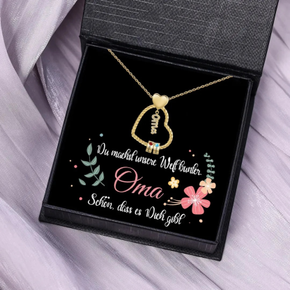 Personalisierte 2 Namen Herz Halskette mit 2 Geburtssteinen - Du machst unsere Welt bunter. Oma Schön, dass es Dich gibt - Geschenk mit Nachrichtenkarte