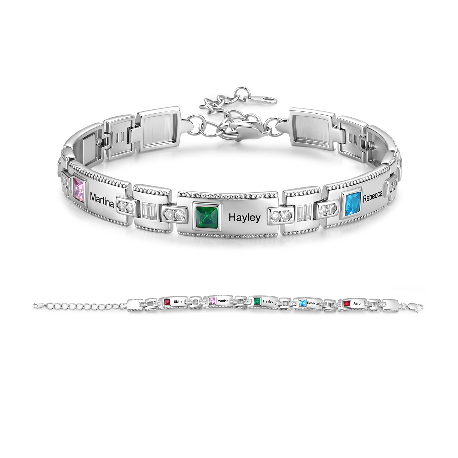 Personalisiertes Gliederarmband mit 2 bis 5 Namen und Geburtssteinen mit quadratischem Anhänger